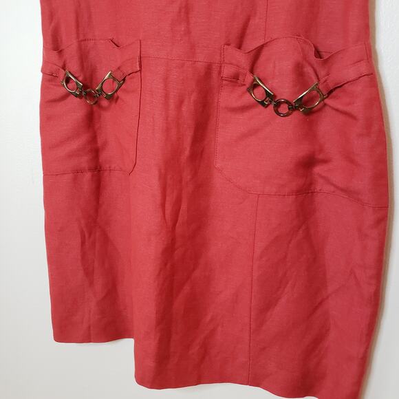 Barami Viscose Linen Rust Colored Sleeveless Shift Dress Embellished Pockets 12 - Picture 3 of 11
